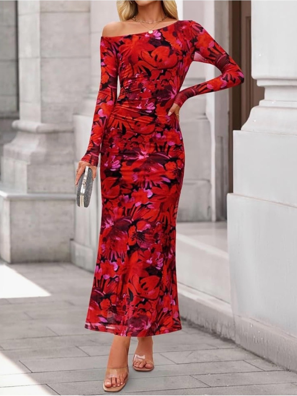 Off-Shoulder Red Floral Maxi Dress